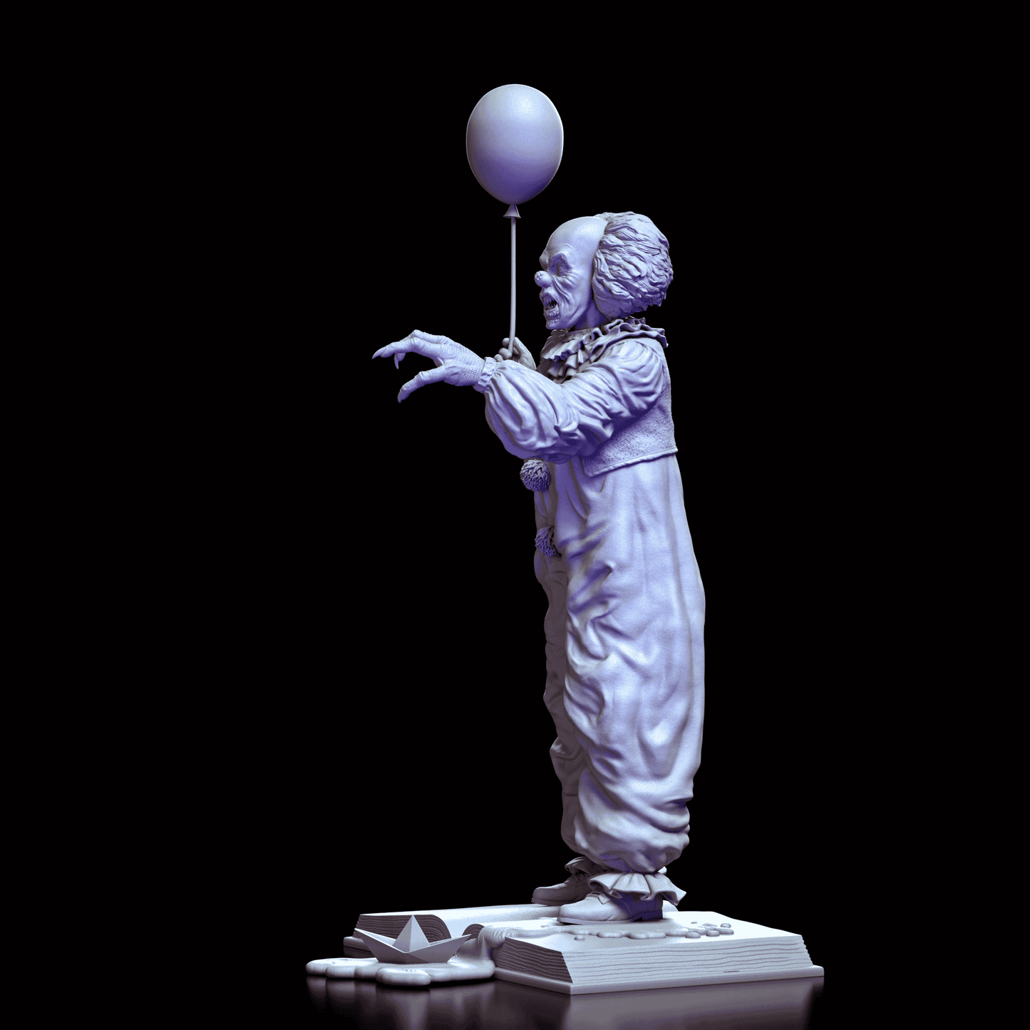 Left profile of Pennywise maquette by Diklich Art reaching forward with a clawed hand and holding a balloon above a dripping book base  