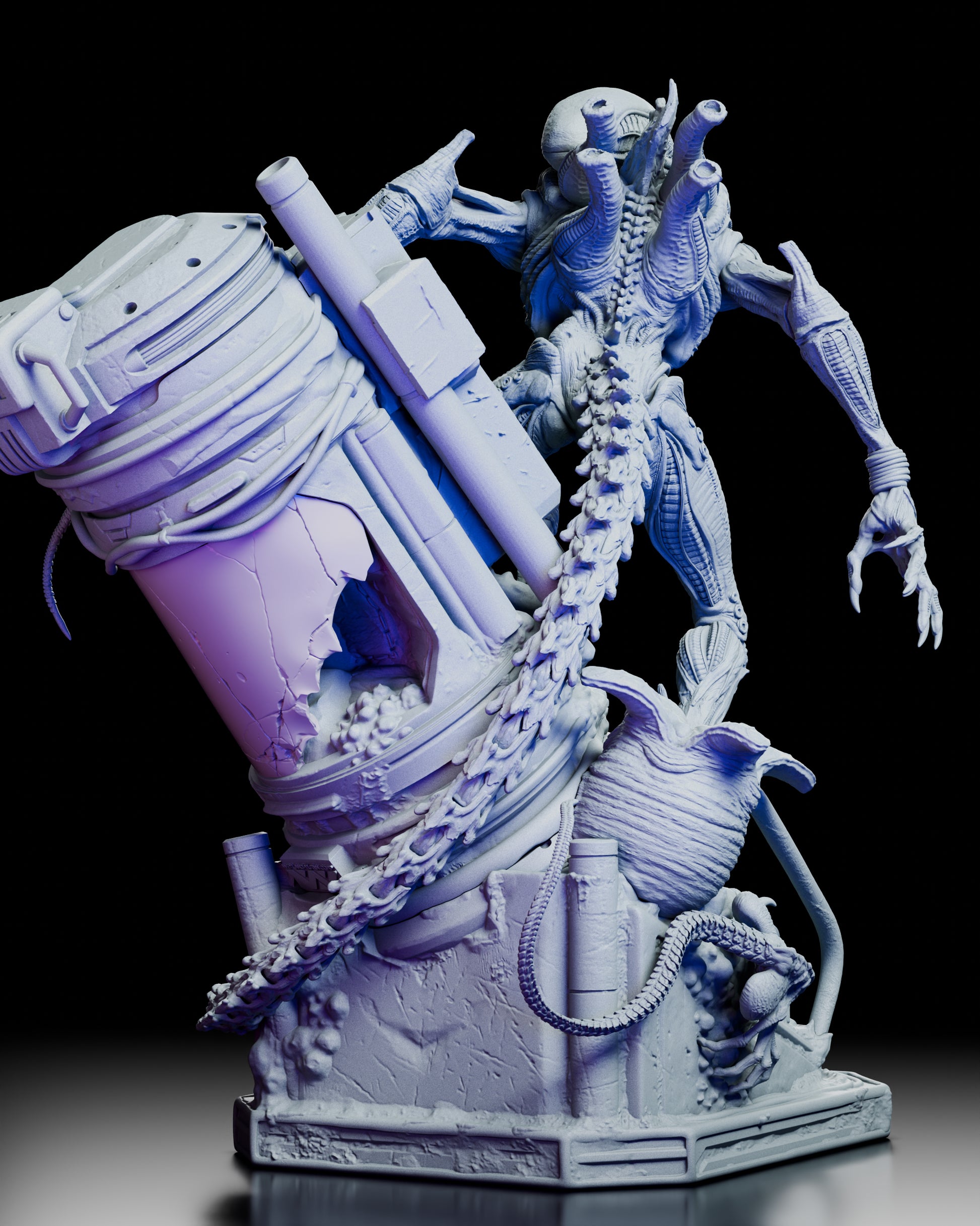Back view of The Perfect Organism Xenomorph figure kit highlighting the spine ridges, tail segmentation, and biomechanical textures.