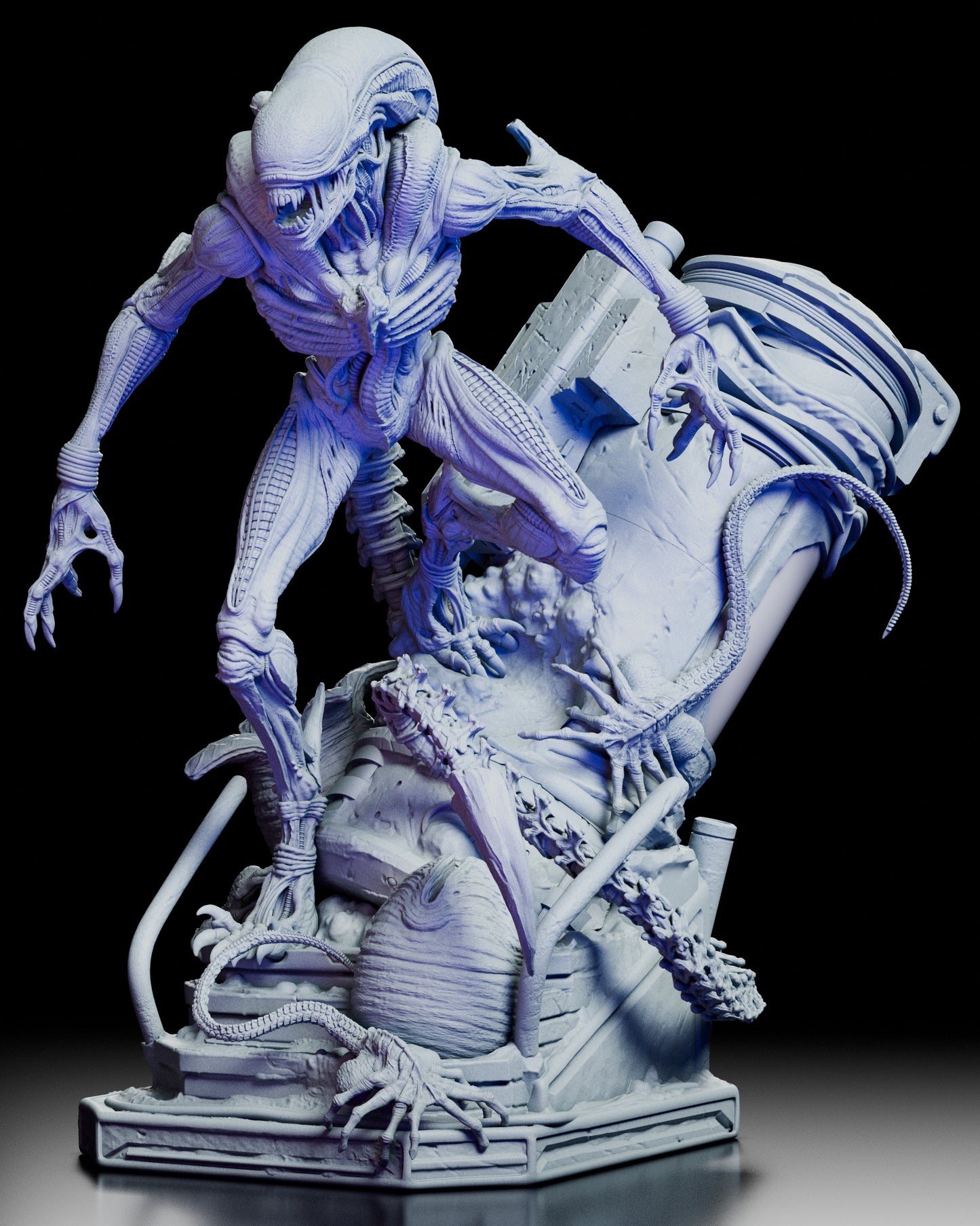 Front view of The Perfect Organism Xenomorph figure kit showing the creature advancing over a damaged industrial base with eggs and tendrils.