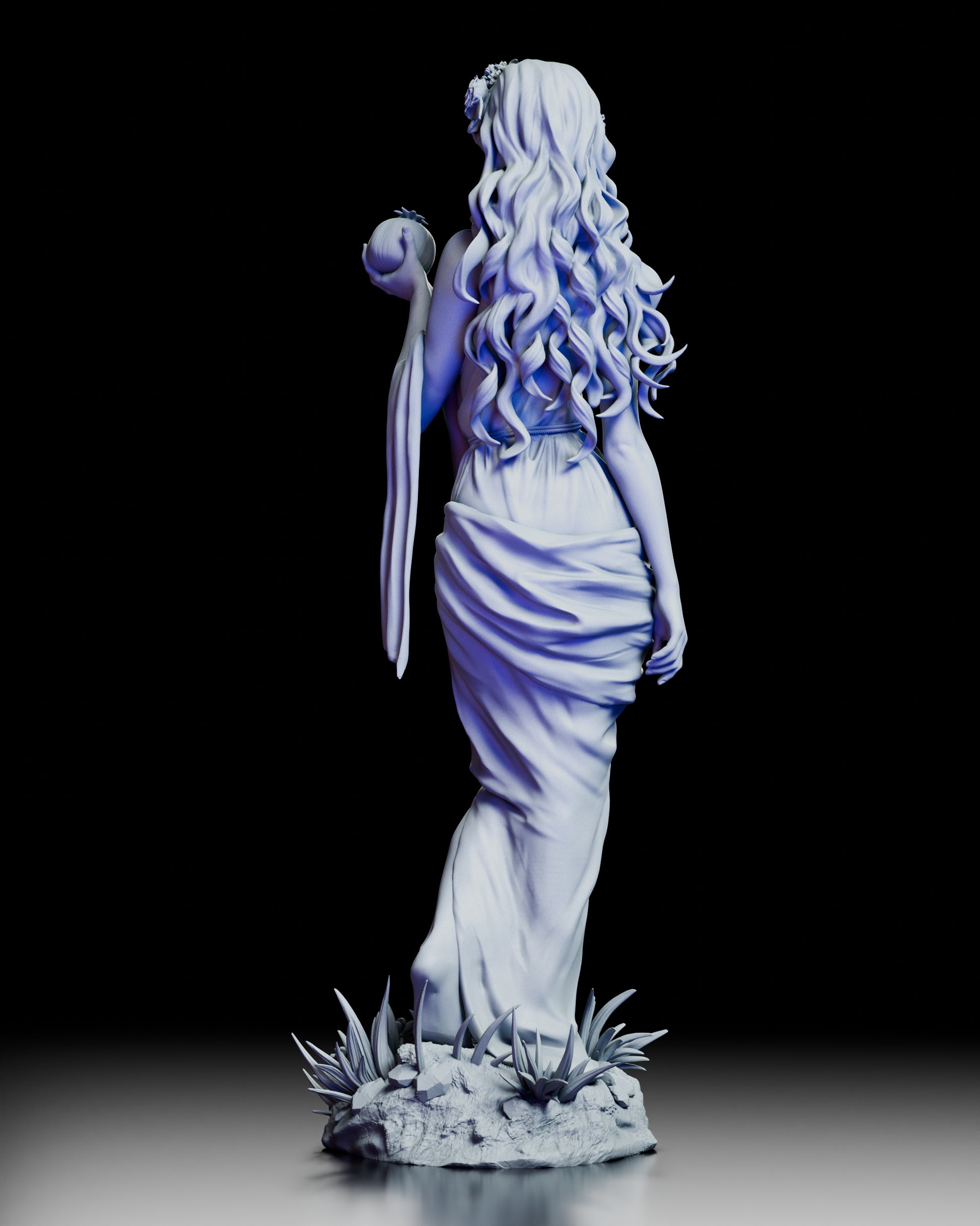 Rear view of Persephone, Keeper of Seasons figure showing detailed hair sculpt and draped gown