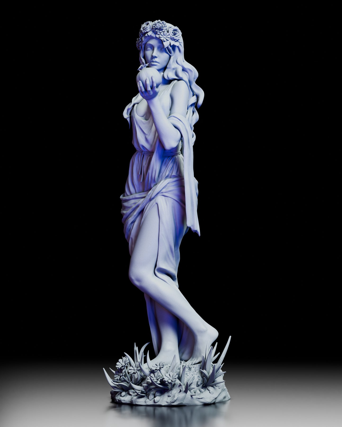 Left side view of Persephone resin figure displaying detailed drapery and natural stance