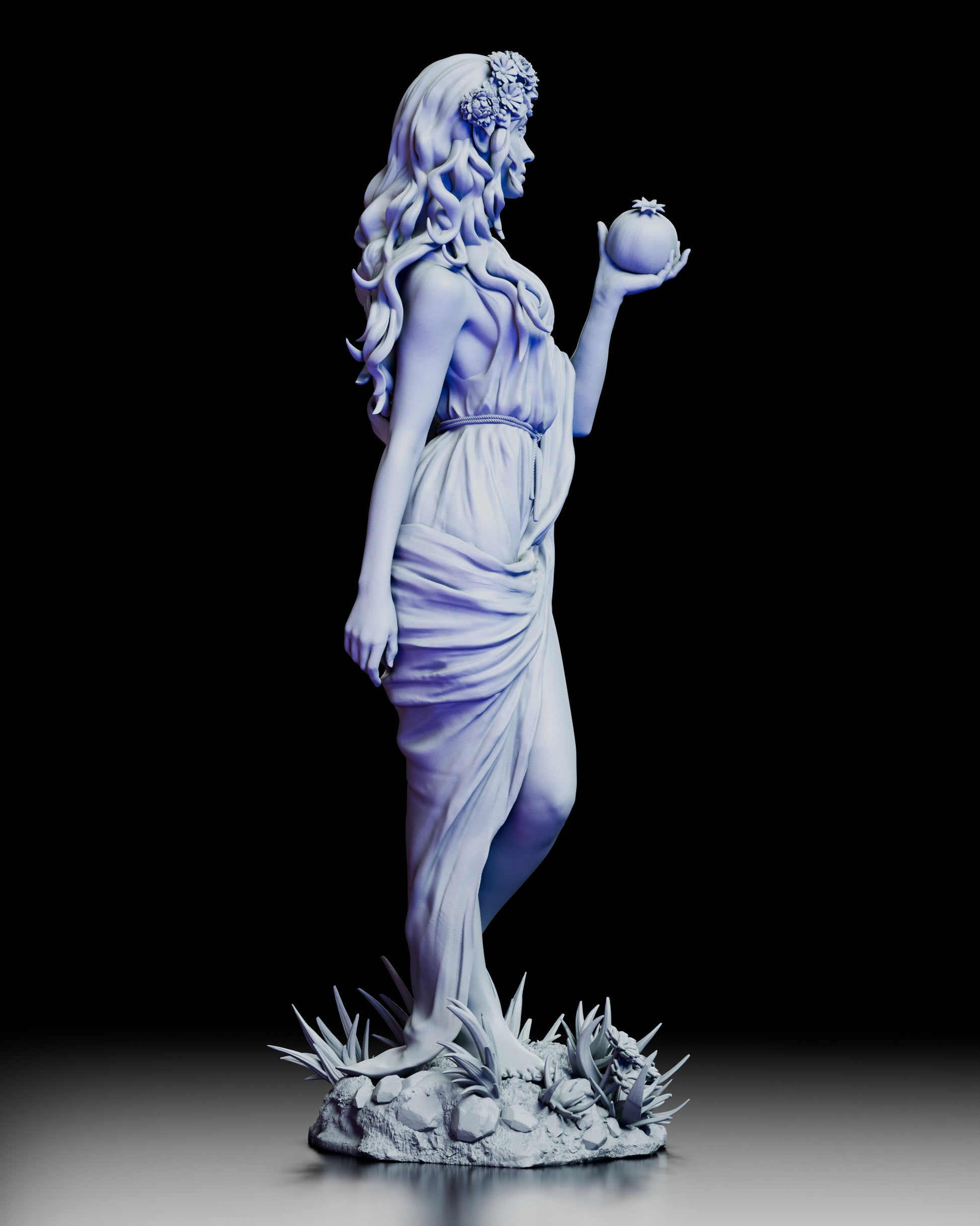 Right side angle of Persephone, Keeper of Seasons showcasing intricate base with plants and flowing dress