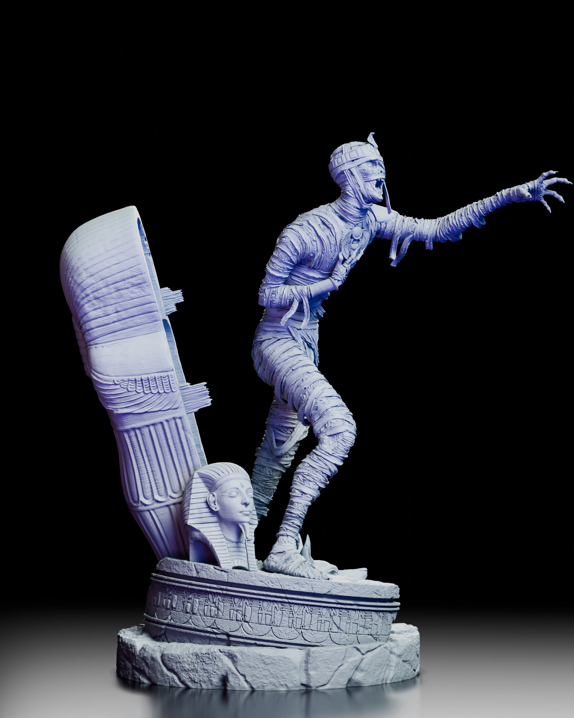 Right angle view of Egyptian mummy figure model kit showing sarcophagus structure and themed display base