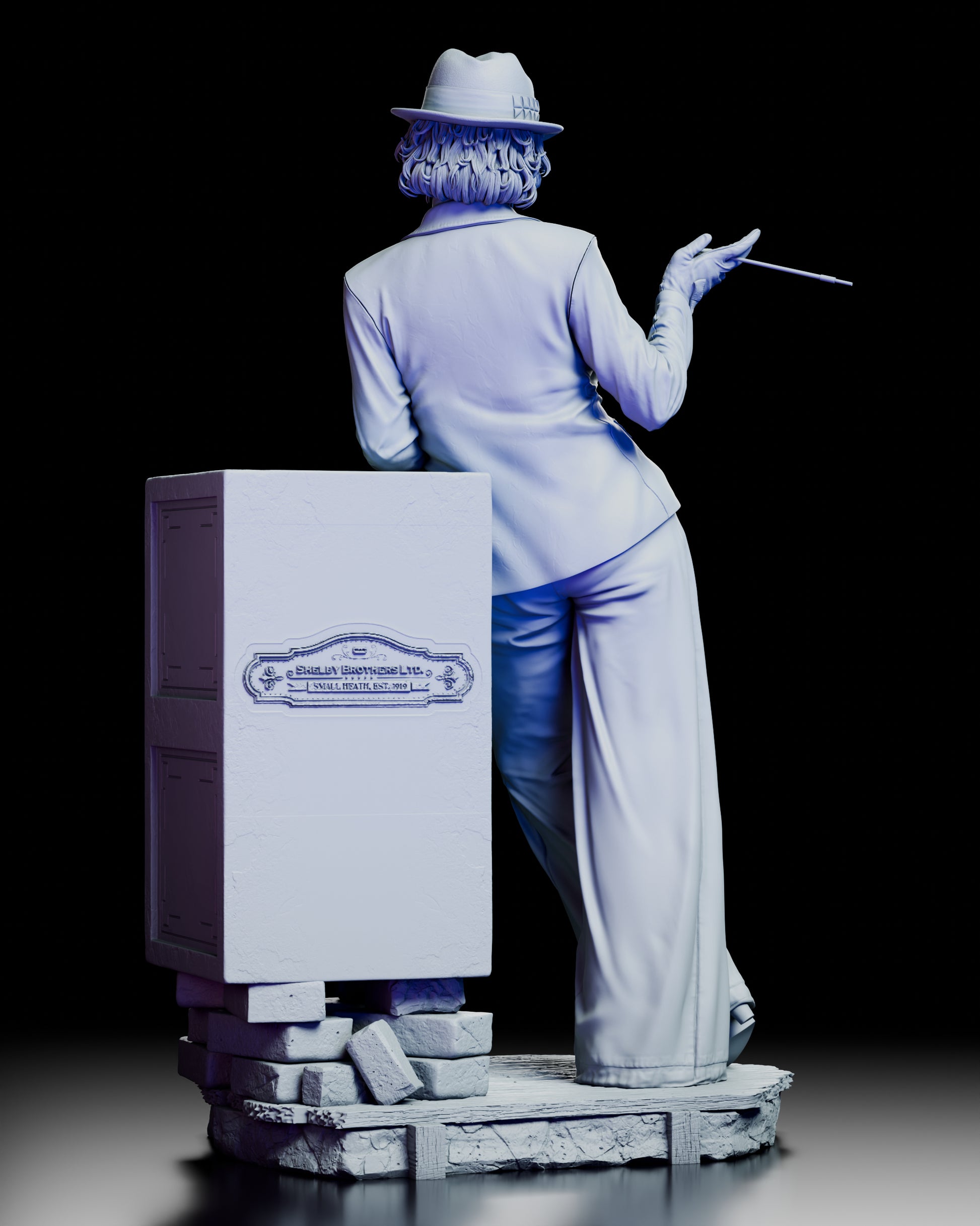 Rear view of Polly Gray figure model kit leaning against a safe, showing tailored suit details and flowing pose