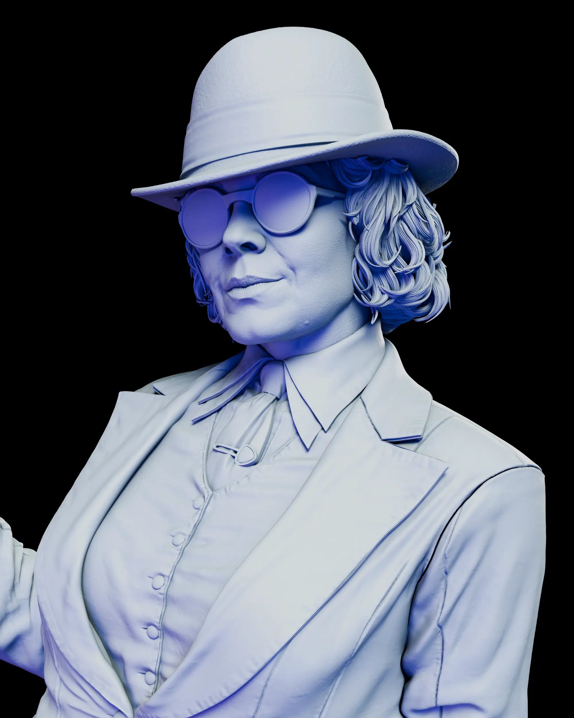 Close-up portrait of Polly Gray wearing hat and glasses showing detailed facial sculpt and period styling