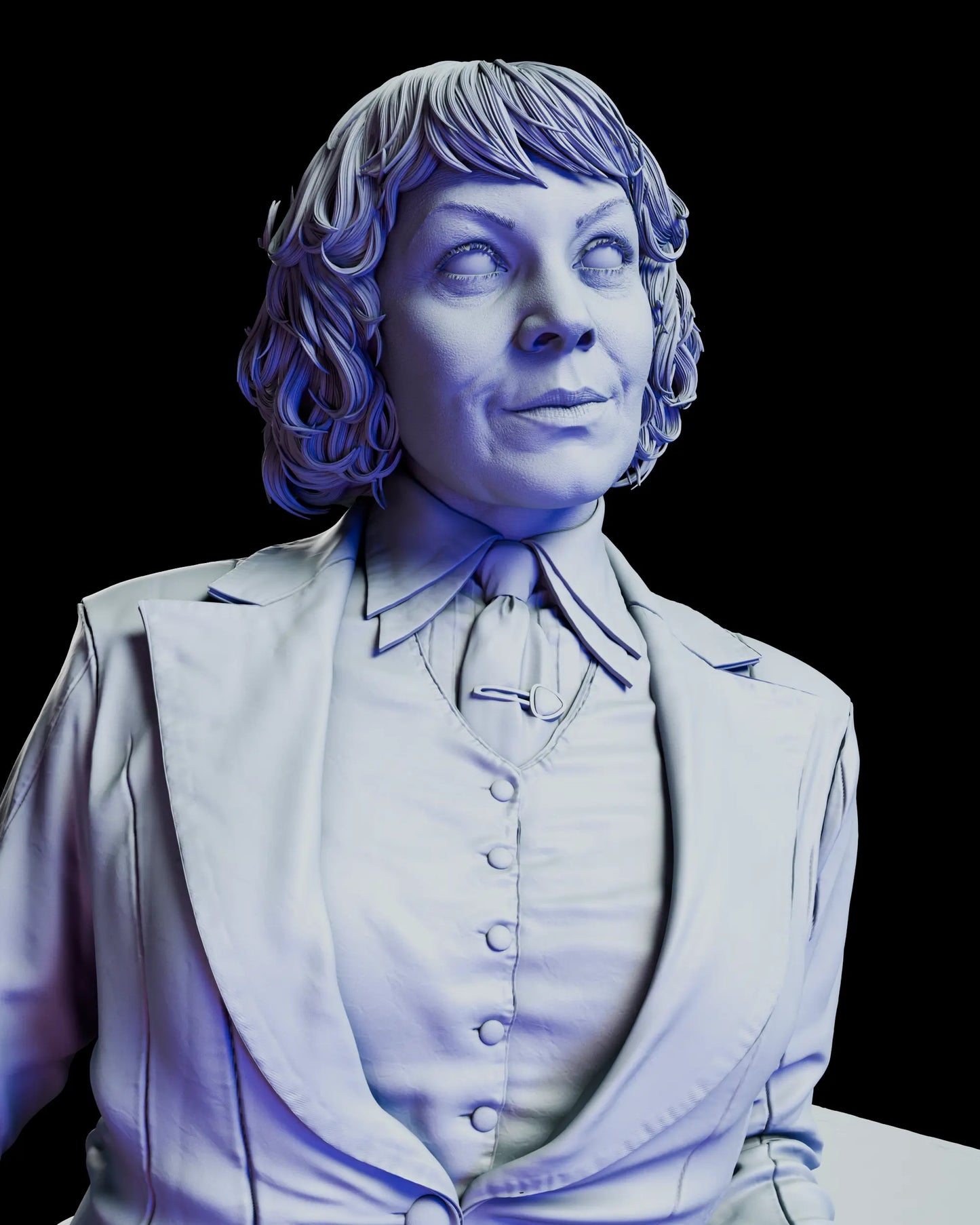 Close-up portrait of Polly Gray without hat emphasizing facial expression and hair sculpt detail