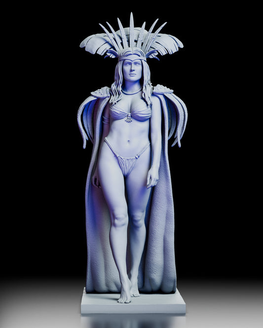 360 degree turntable of Santanico Pandemonium resin model kit inspired by Salma Hayek in From Dusk Till Dawn, featuring feathered headdress, flowing cape, and alternate vampire head option