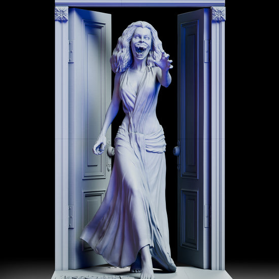 A full 360-degree rotating view of the Amy Peterson Fright Night maquette, revealing her vampiric expression, flowing gown, and the detailed doorway she steps through from every angle.