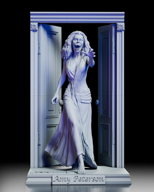 A full 360-degree rotating view of the Amy Peterson Fright Night maquette, revealing her vampiric expression, flowing gown, and the detailed doorway she steps through from every angle.