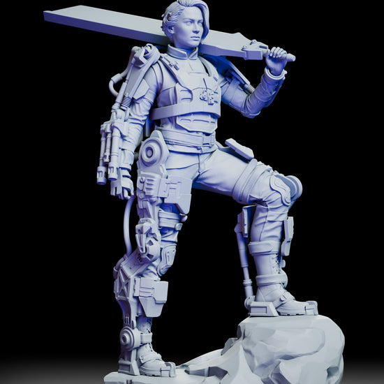 360 degree turntable of Rita Vrataski model kit in full armor with sword across shoulders and foot on battlefield base