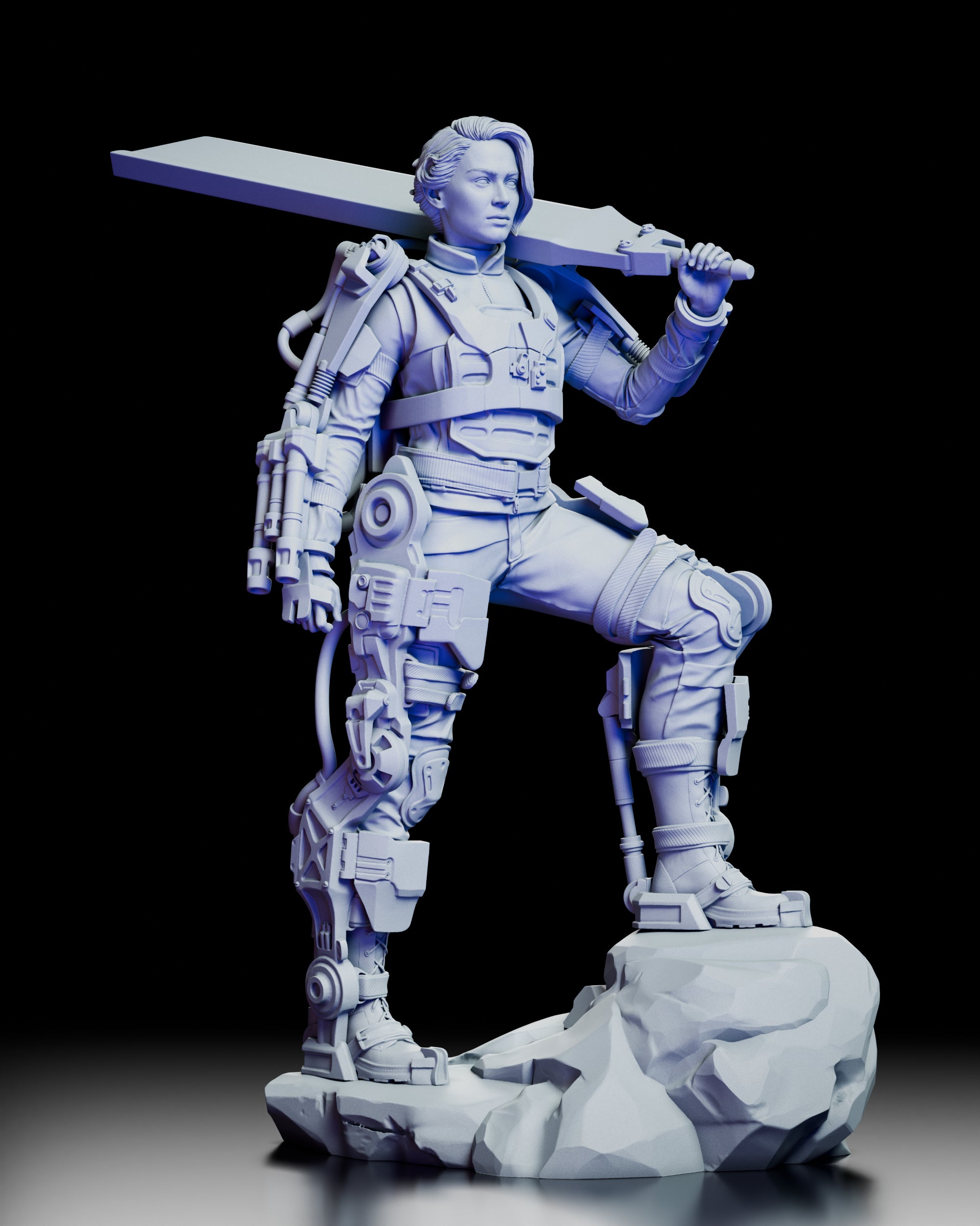 360 degree turntable of Rita Vrataski model kit in full armor with sword across shoulders and foot on battlefield base