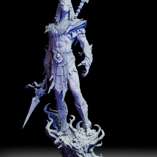 360-degree turntable view of Anubis, Keeper of Souls resin figure kit showcasing full sculpt, armor detail, and spectral base from all angles