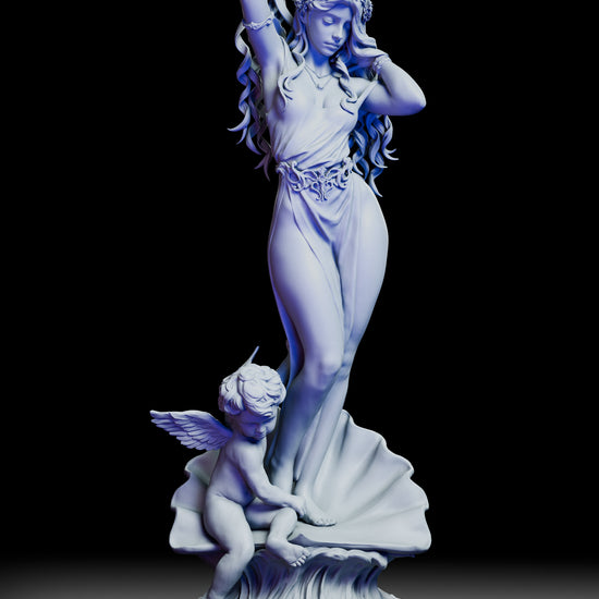 360-degree turntable view of Aphrodite, Born of the Sea resin figure kit showing full sculpted form, cherub, and shell base from all angles