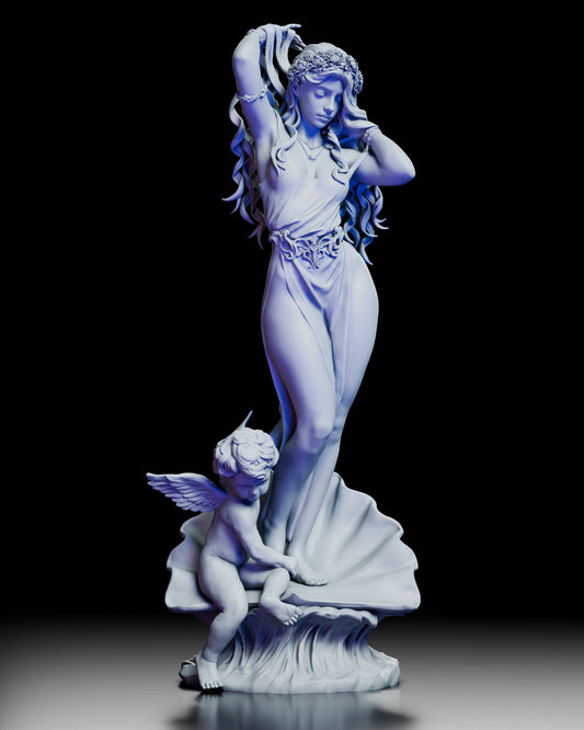 360-degree turntable view of Aphrodite, Born of the Sea resin figure kit showing full sculpted form, cherub, and shell base from all angles