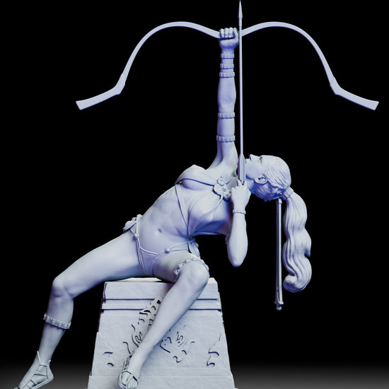 360-degree view of The Archer resin figure by Kuton featuring the goddess Artemis poised in a graceful archery stance on a detailed pedestal