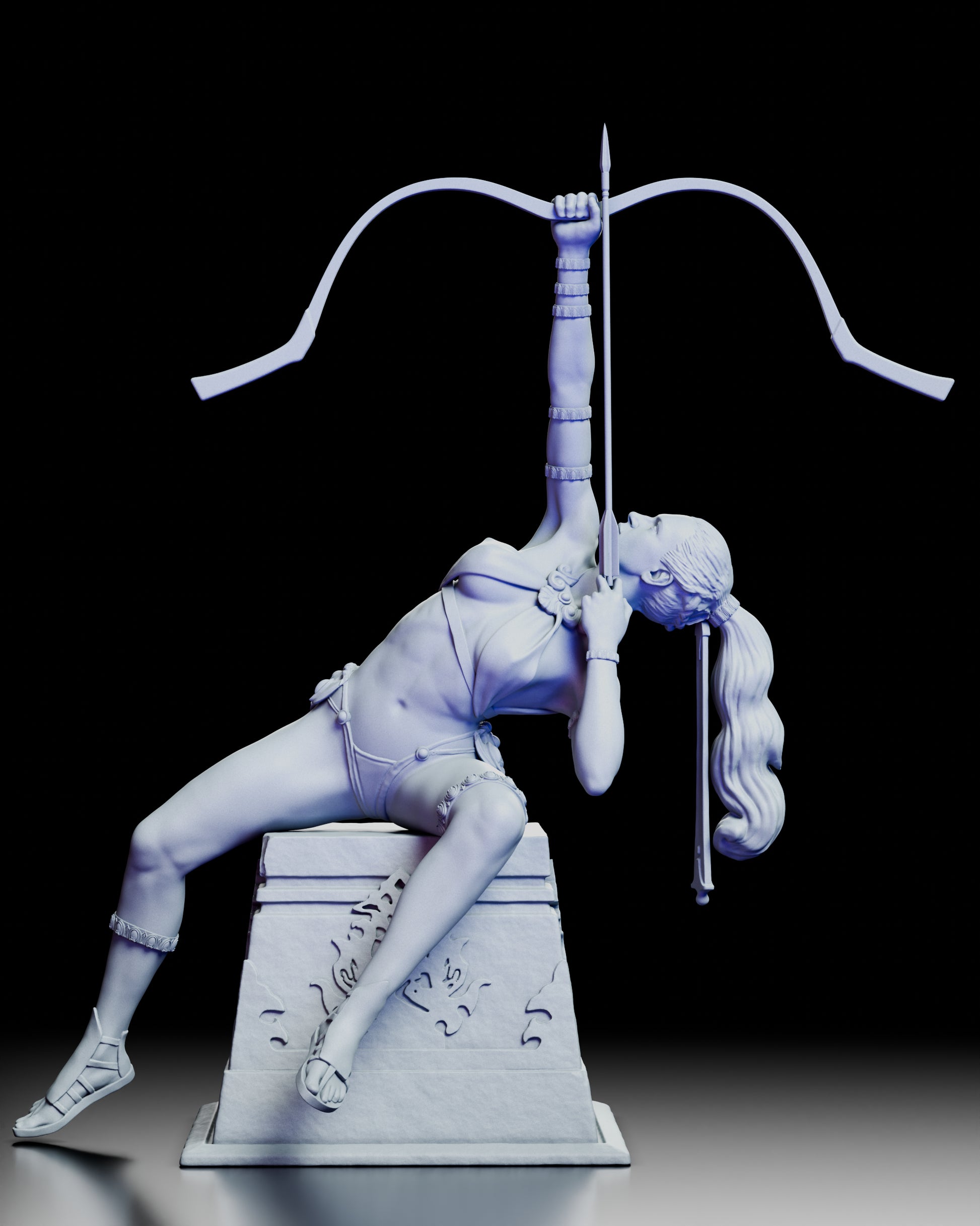 360-degree view of The Archer resin figure by Kuton featuring the goddess Artemis poised in a graceful archery stance on a detailed pedestal