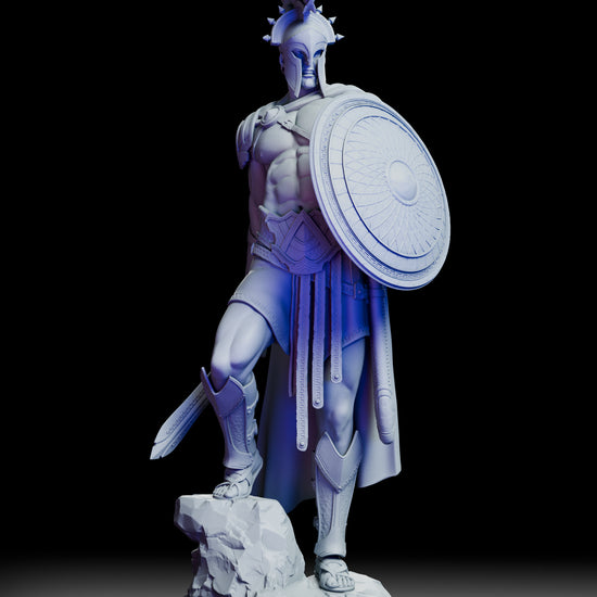 360-degree turntable view of Ares, The Warbringer resin figure kit showing full armor, shield, and sculpted base from all angles