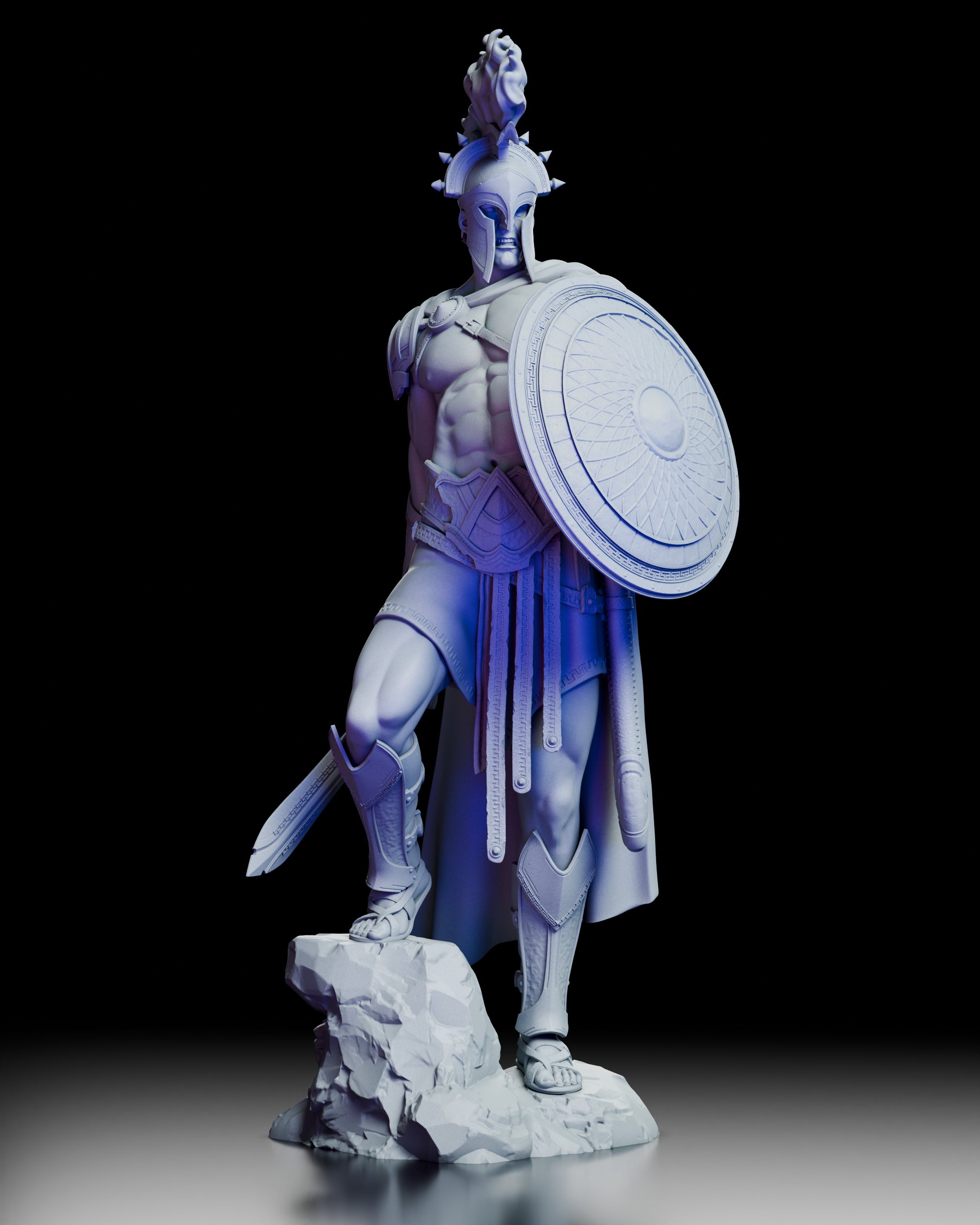 360-degree turntable view of Ares, The Warbringer resin figure kit showing full armor, shield, and sculpted base from all angles
