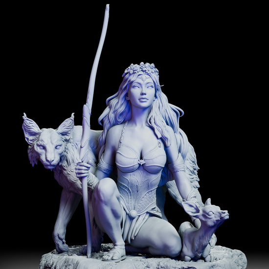 360 degree view of Artemis Goddess of the Wild Hunt resin figure featuring bow, lynx, fawn, and detailed rocky base