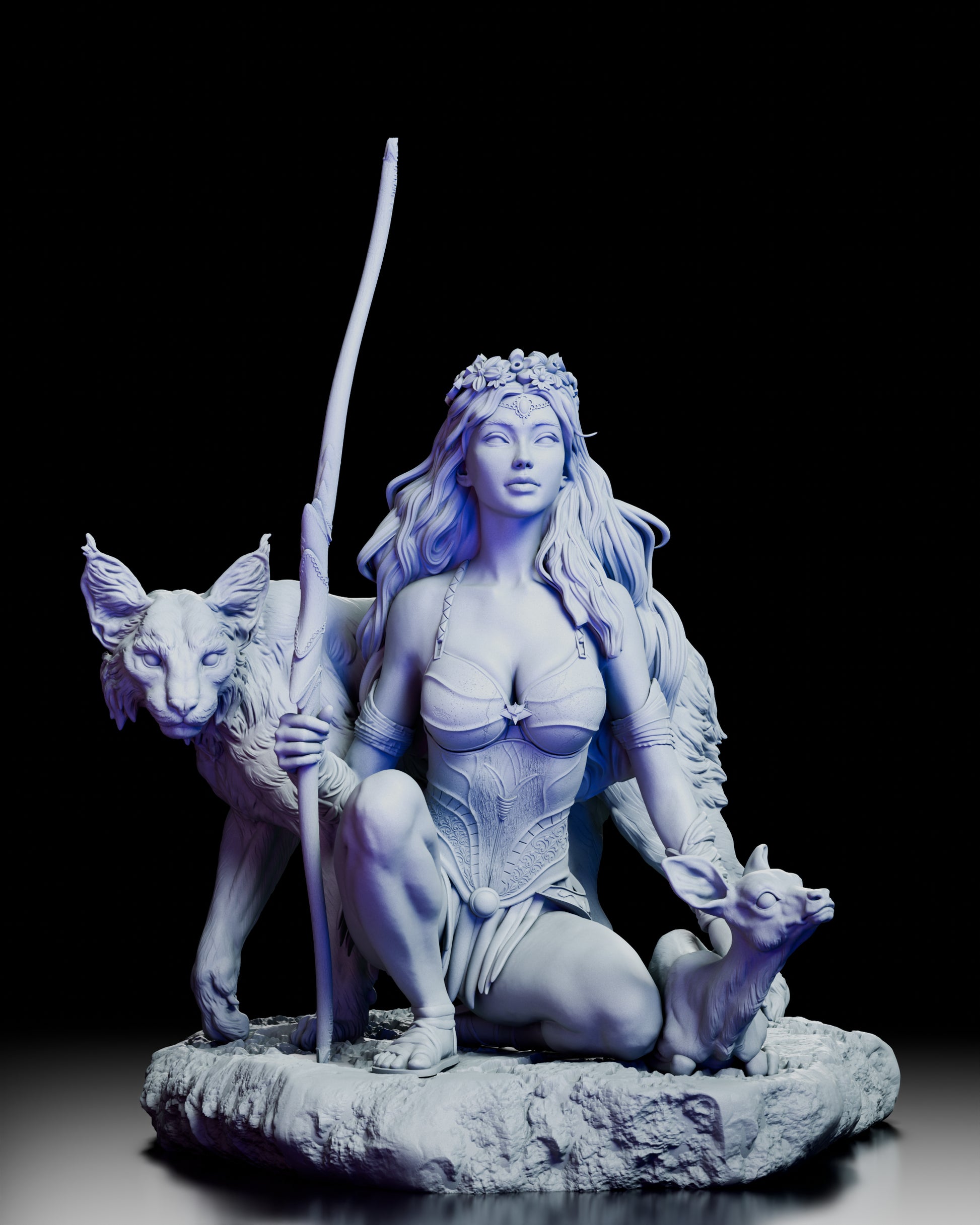 360 degree view of Artemis Goddess of the Wild Hunt resin figure featuring bow, lynx, fawn, and detailed rocky base