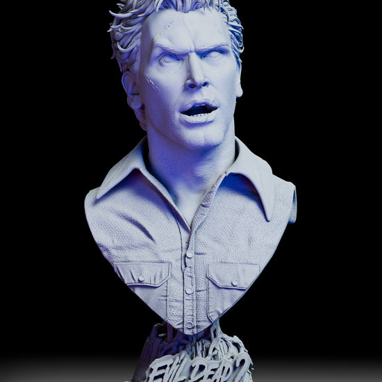 360-degree turntable view of the Ash Evil Dead 2 portrait bust by Wicked showing detailed sculpt, alternate Deadite portrait, and textured resin base