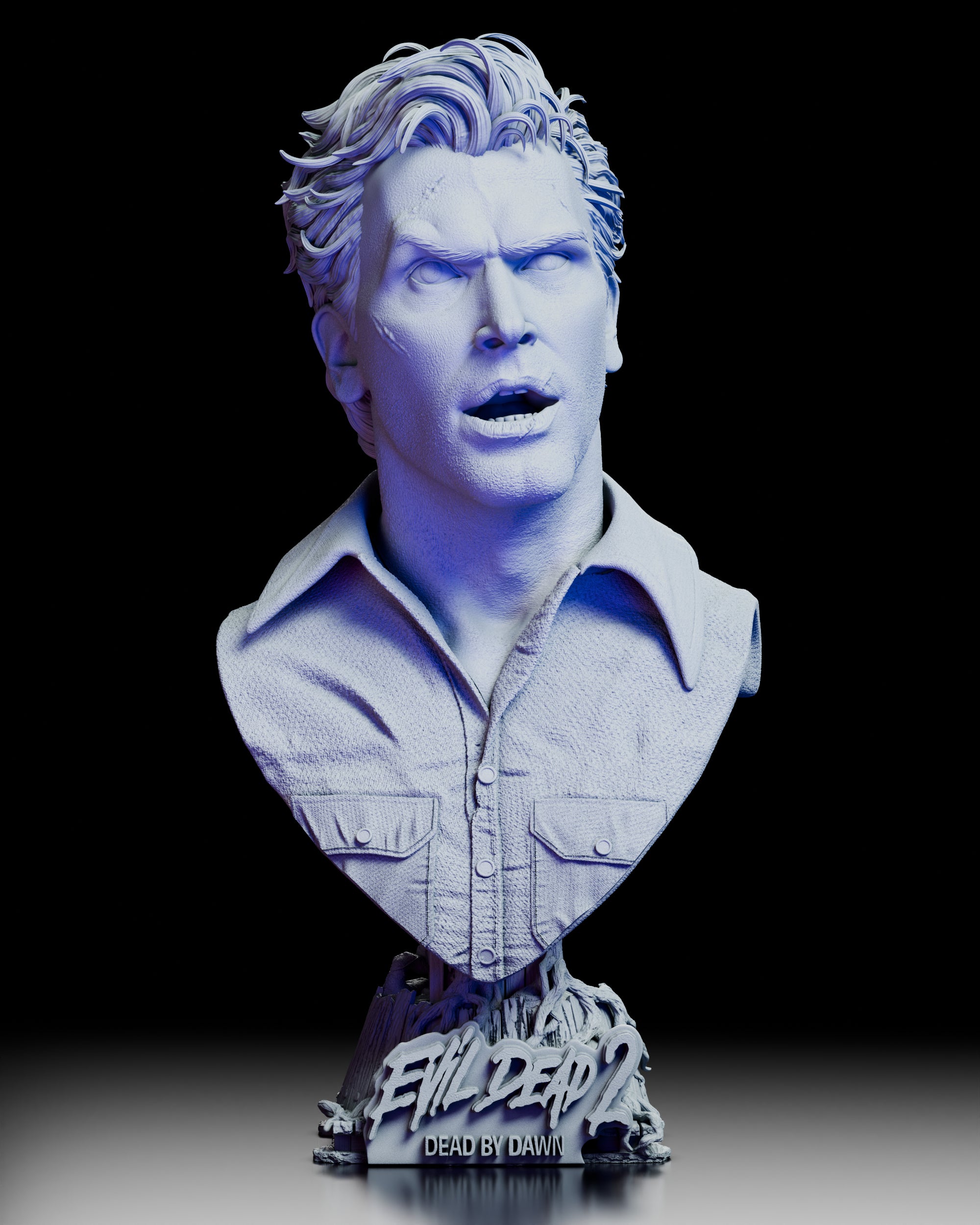 360-degree turntable view of the Ash Evil Dead 2 portrait bust by Wicked showing detailed sculpt, alternate Deadite portrait, and textured resin base