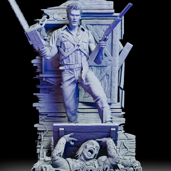 360-degree turntable view of the Ash Evil Dead 2 Diorama Kit by Wicked showing full sculpt, alternate Deadite portrait, and detailed cabin base with Necronomicon and Deadite figure