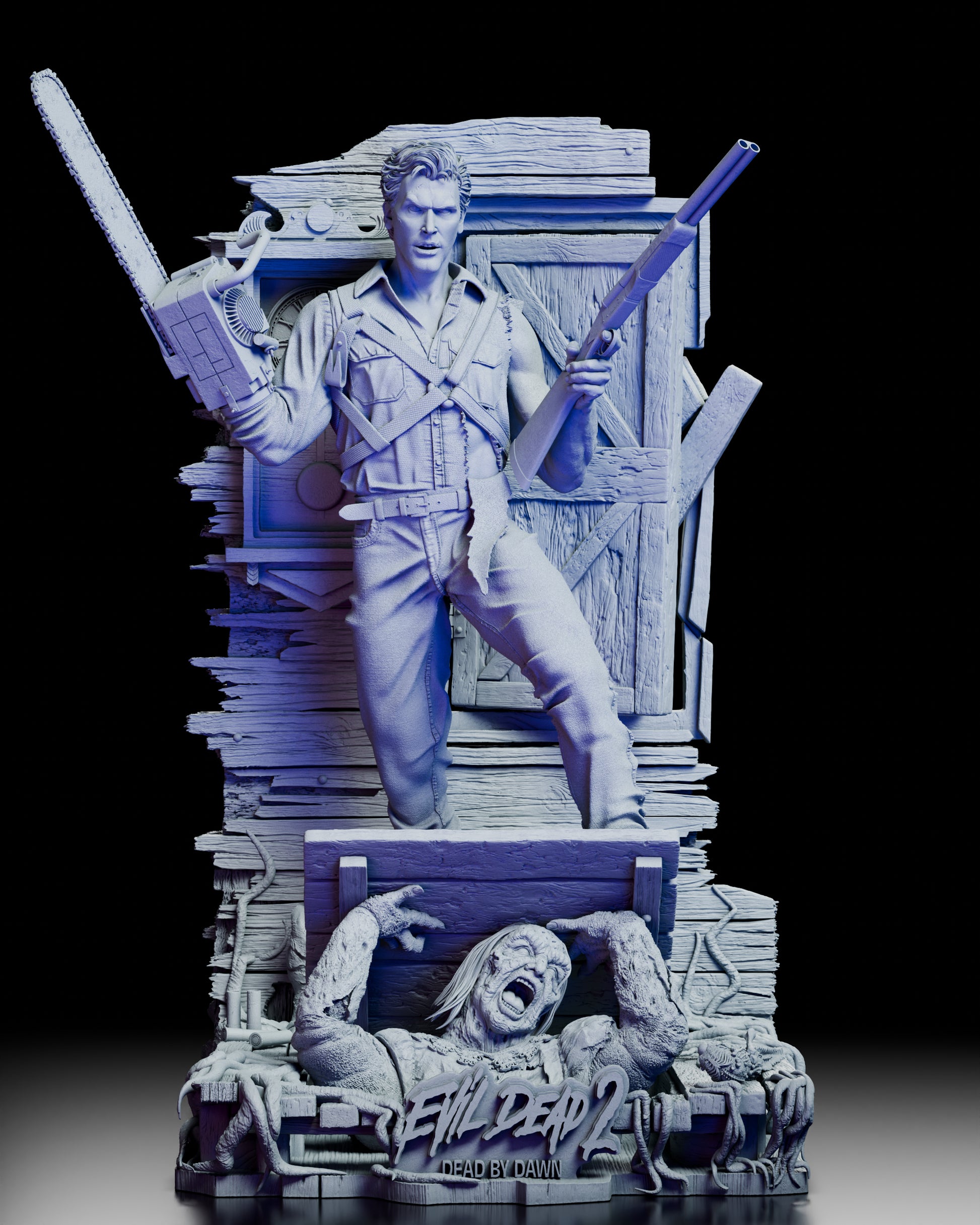 360-degree turntable view of the Ash Evil Dead 2 Diorama Kit by Wicked showing full sculpt, alternate Deadite portrait, and detailed cabin base with Necronomicon and Deadite figure