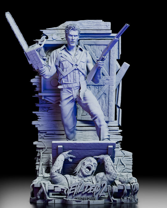 360-degree turntable view of the Ash Evil Dead 2 Diorama Kit by Wicked showing full sculpt, alternate Deadite portrait, and detailed cabin base with Necronomicon and Deadite figure
