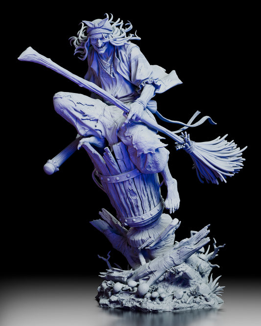 360-degree turntable video of the Baba Yaga Figure Kit displaying the full sculpt and motion of her broom, mortar, and windswept clothing
