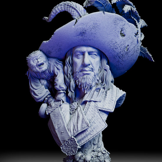 360-degree rotating view of Captain Hector Barbosa Bust Kit by Wicked showcasing sculpted textures, Little Jack companion, and alternate portrait options