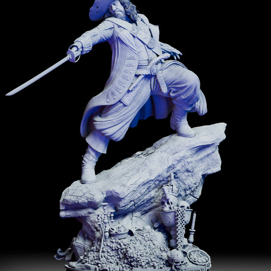 Full 360-degree rotation of the Captain Barbosa figure model kit showing every sculpted detail, from the textured coat and expressive portraits to the treasure-covered base and sword stance