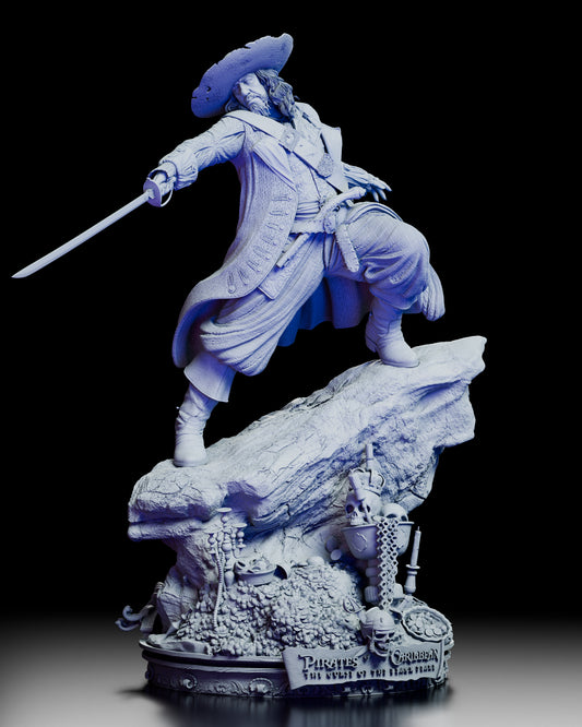 Full 360-degree rotation of the Captain Barbosa figure model kit showing every sculpted detail, from the textured coat and expressive portraits to the treasure-covered base and sword stance