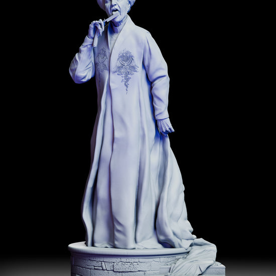 Full 360-degree view of Dracula maquette sculpted by Dicklich Art, showing detailed costume, hair, and iconic pose on a brick base with steps