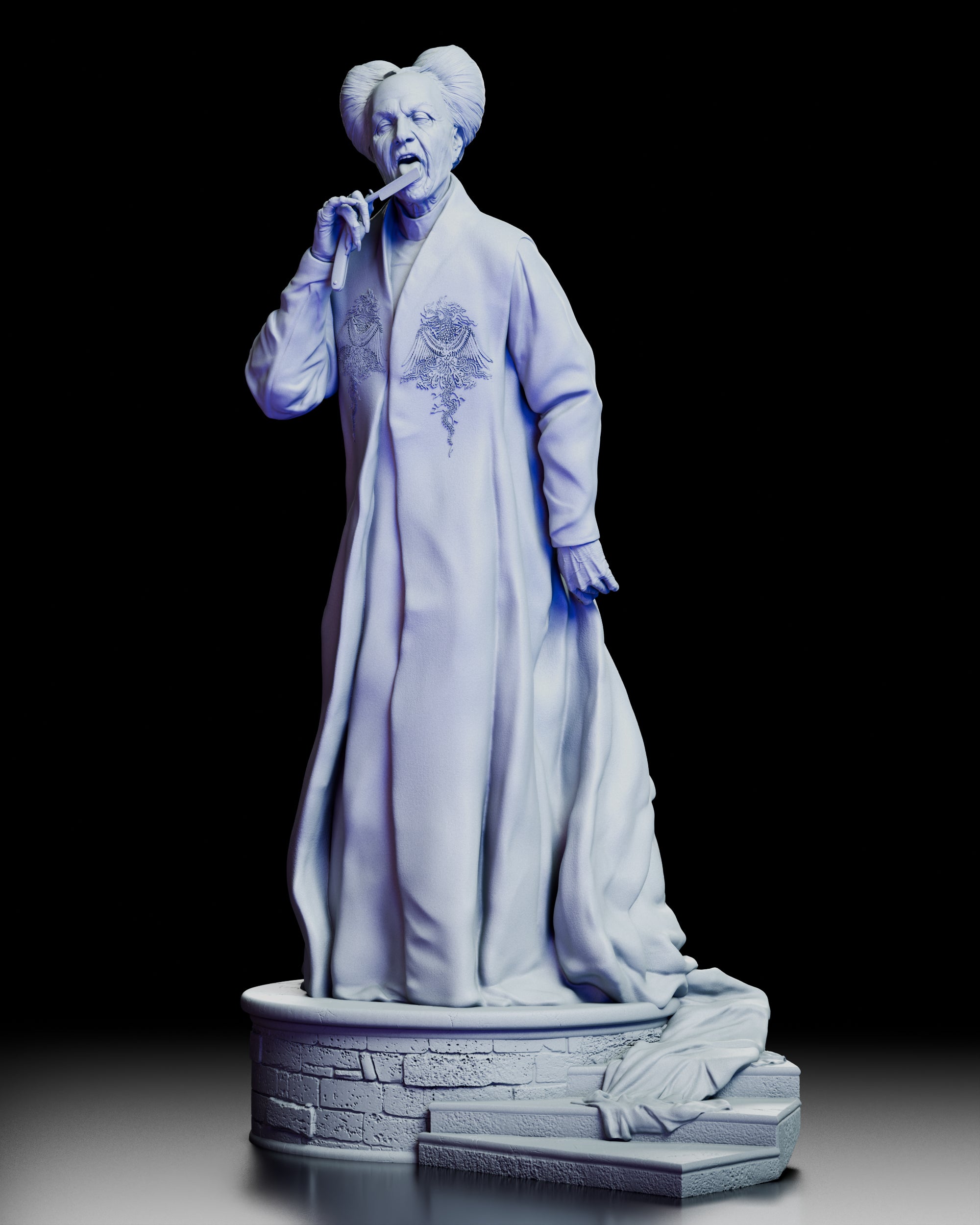 Full 360-degree view of Dracula maquette sculpted by Dicklich Art, showing detailed costume, hair, and iconic pose on a brick base with steps