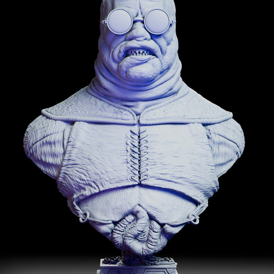 A full 360 degree rotation of the Butterball Cenobite portrait bust showing the sculpted folds, glasses, stitched leather vest, chain details, and textured pedestal from every angle.
