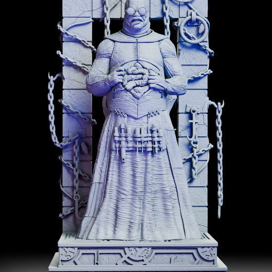 A full 360 degree rotation of the Butterball Cenobite figure kit showing the detailed robes, exposed organs, chained stone frame, suspended flayed body, and intricate base from every angle.