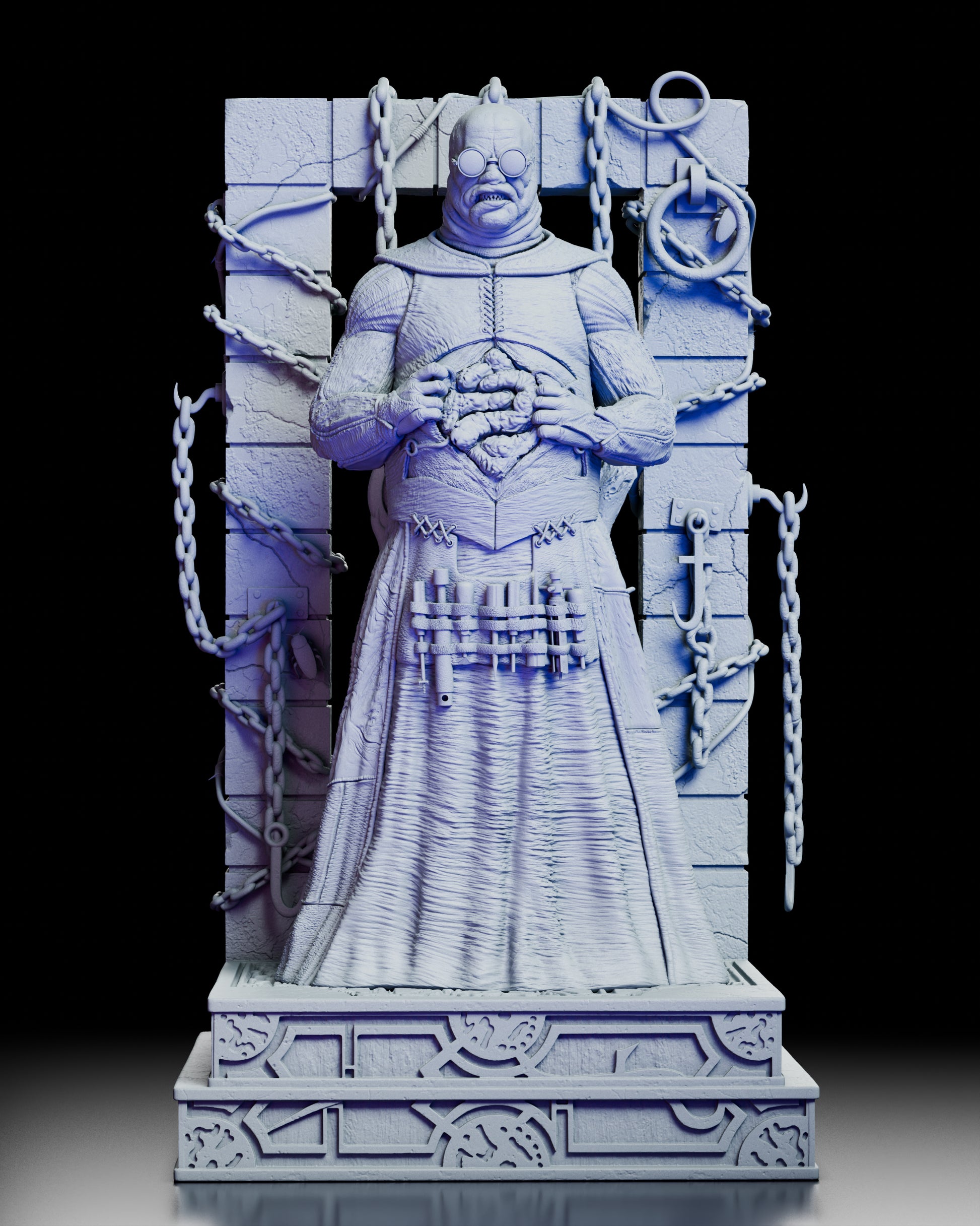 A full 360 degree rotation of the Butterball Cenobite figure kit showing the detailed robes, exposed organs, chained stone frame, suspended flayed body, and intricate base from every angle.