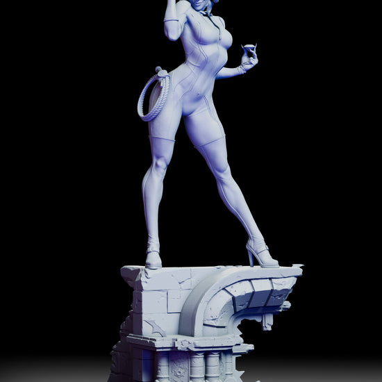 360-degree turntable view of the Catwoman figure kit by ZEZ Studios, showcasing her poised stance, detailed bodysuit, feline companion, and intricate ruined base from every angle