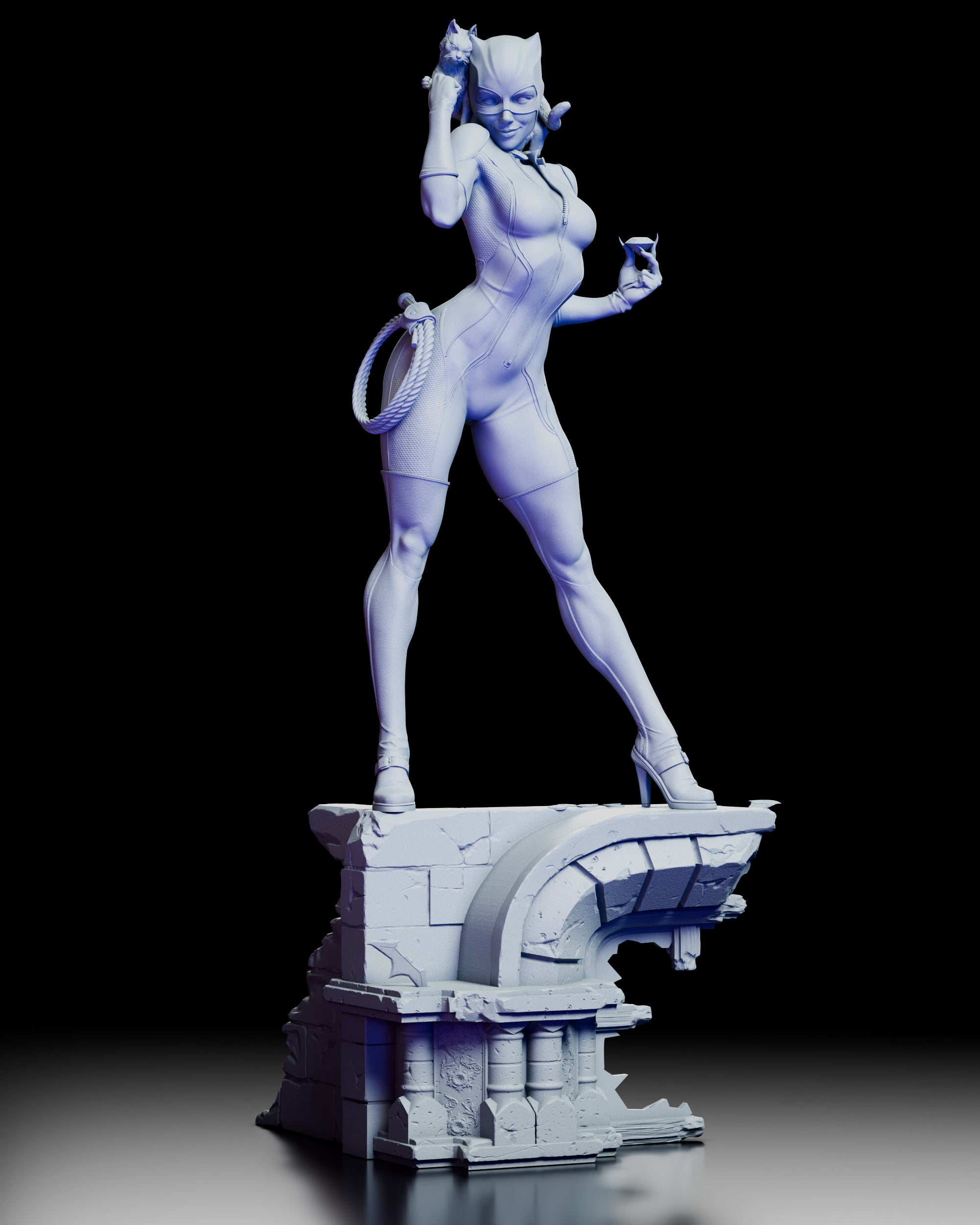 360-degree turntable view of the Catwoman figure kit by ZEZ Studios, showcasing her poised stance, detailed bodysuit, feline companion, and intricate ruined base from every angle