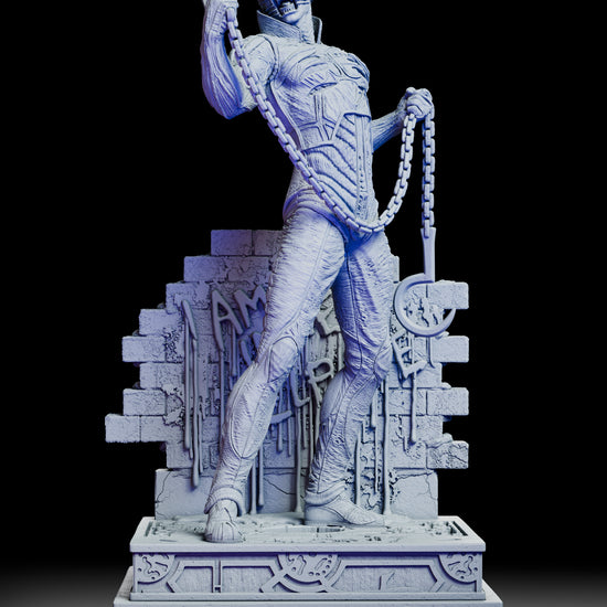 A full 360-degree rotation of the Chatterer figure kit, revealing intricate anatomical sculpting, chained hooks, a deteriorating brick wall backdrop, and a textured ornamental base from every angle.