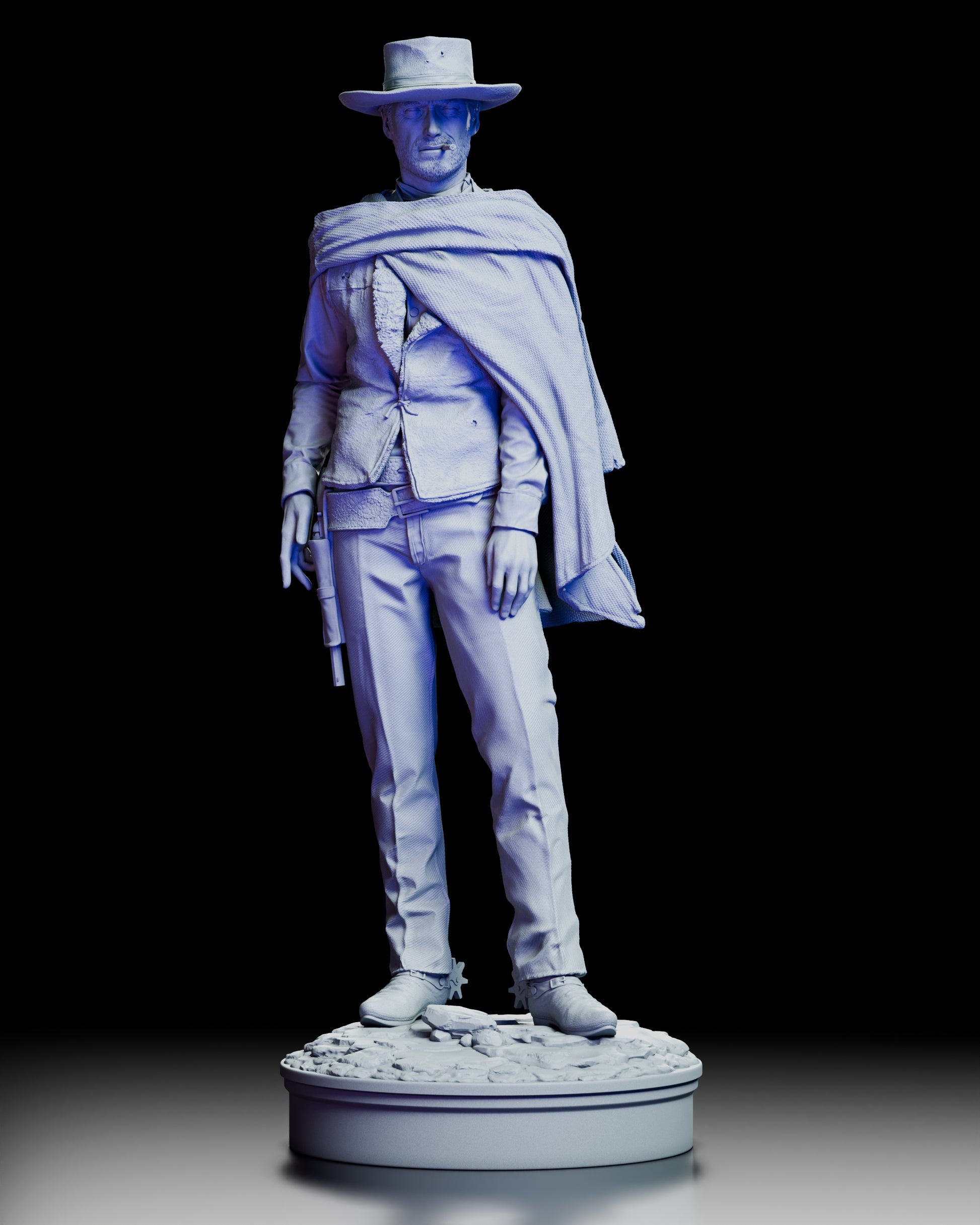 Turntable view of the Clint Eastwood figure model kit, showcasing the detailed poncho, hat, and revolver.