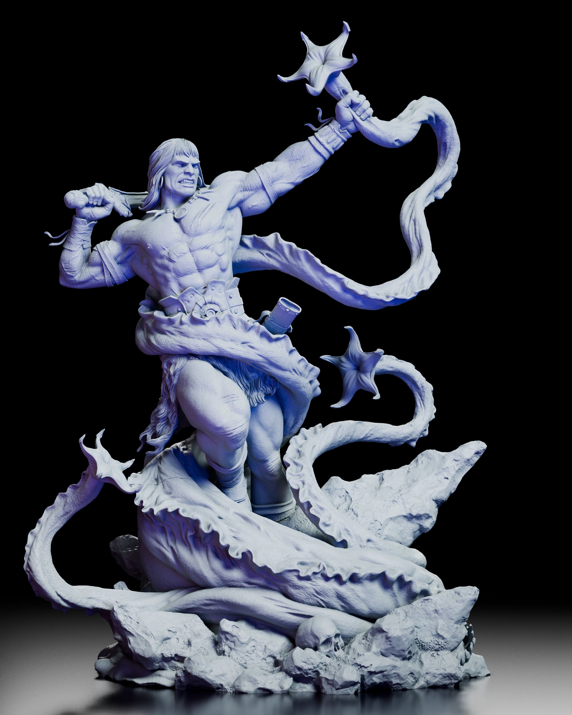 Full 360-degree view of the Conan Figure Model Kit by Polymind Studios, showing the barbarian warrior battling a tentacled monster with raised sword and detailed rocky base