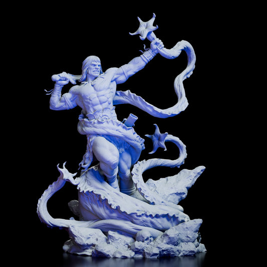 Full 360-degree view of the Conan Figure Model Kit by Polymind Studios, showing the barbarian warrior battling a tentacled monster with raised sword and detailed rocky base