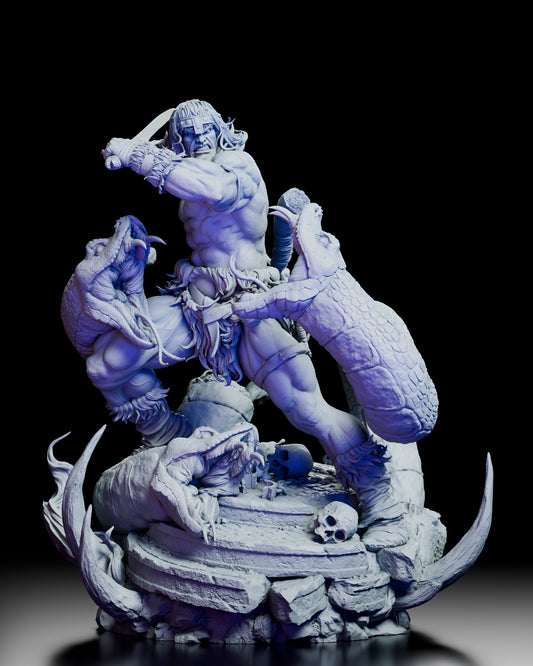 360 degree turntable view of Conan the Barbarian figure model kit showcasing dynamic sword pose, three optional portraits, and serpent covered battlefield base