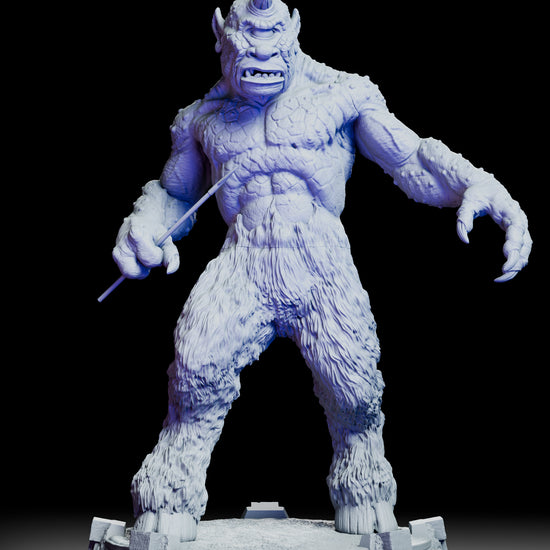 360 degree turntable view of The Cyclops maquette from The 7th Voyage of Sinbad displaying full sculpt detail including horned head, scaled torso, fur-covered legs, and cinematic display base