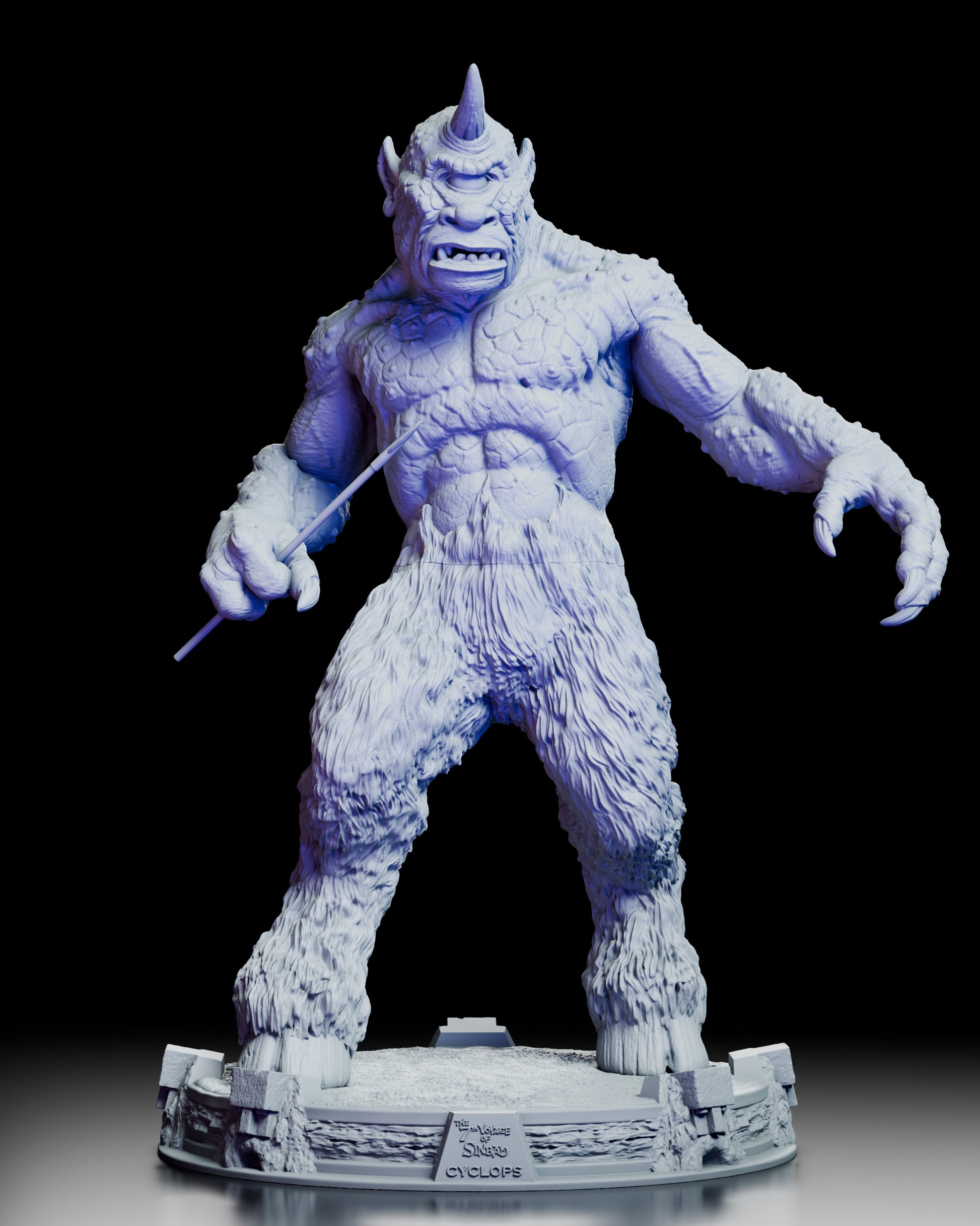 360 degree turntable view of The Cyclops maquette from The 7th Voyage of Sinbad displaying full sculpt detail including horned head, scaled torso, fur-covered legs, and cinematic display base