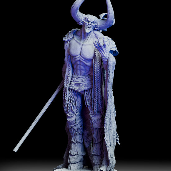 360 degree turntable view of The Lord of Darkness figure model kit revealing sweeping horns, muscular anatomy, layered garments, and staff from all angles
