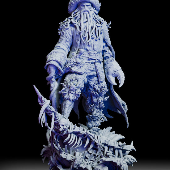 Full 360 degree turntable of the Davy Jones figure kit showing his barnacled body, flowing tattered coat, coral-encrusted textures, and the skeletal shipwreck base from all angles.
