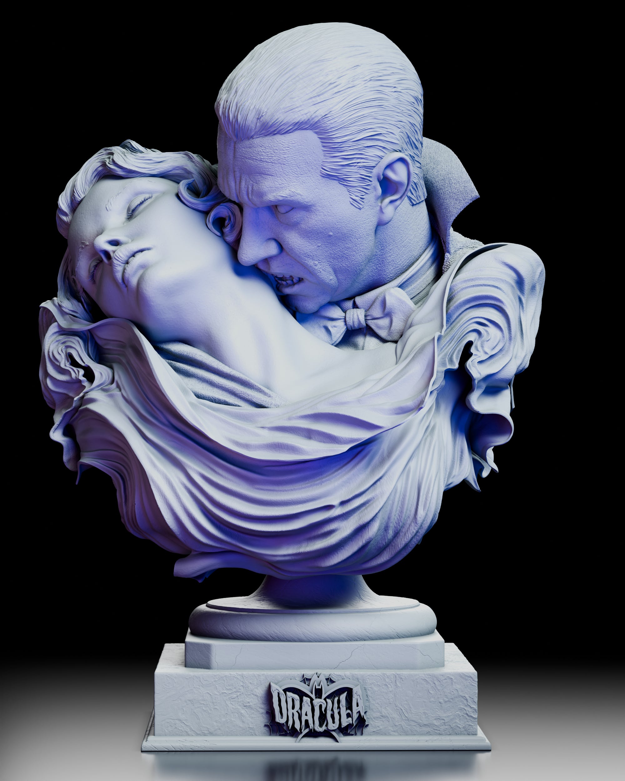 360 degree turntable view of Dracula and Mina locked in a tragic gothic embrace, showcasing flowing drapery, intimate character expression, and the sculpt’s dramatic romantic composition from all angles